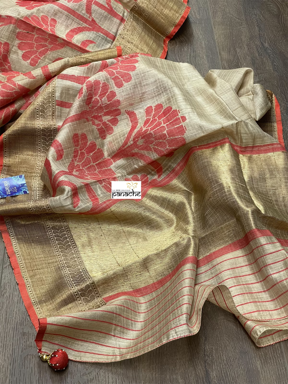 Tussar Silk Banarasi - Beige Red Antique Zari