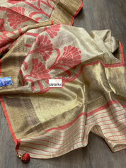Tussar Silk Banarasi - Beige Red Antique Zari