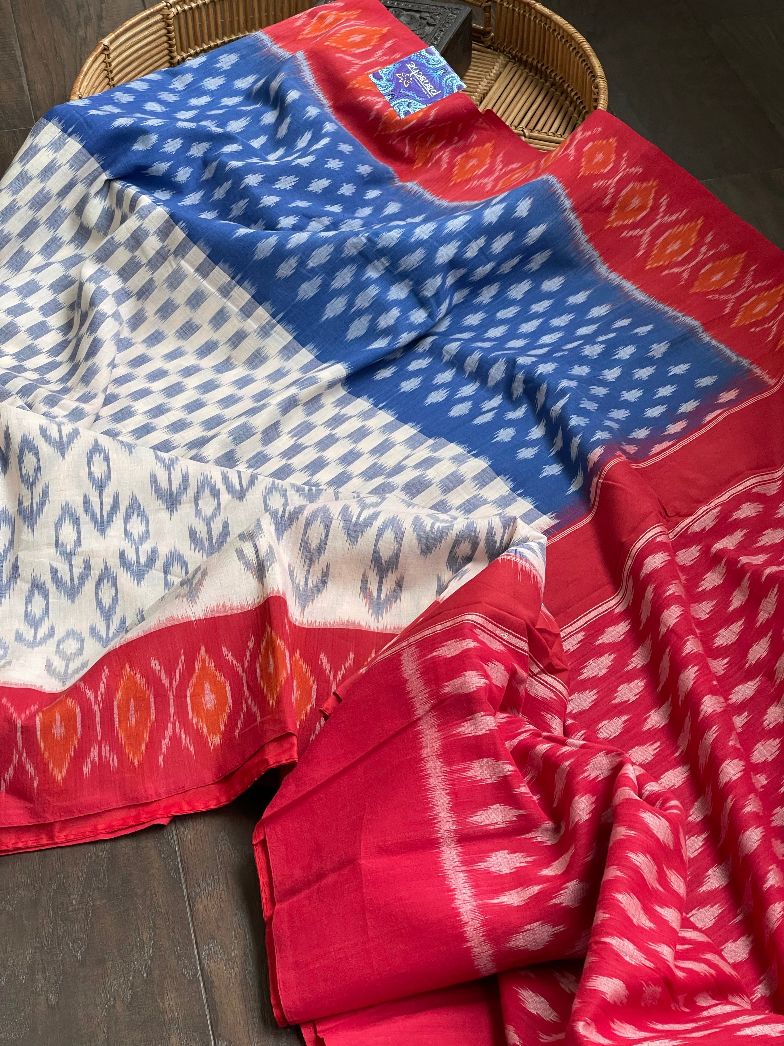 Pure Cotton Ikat  -  Off White Blue Red