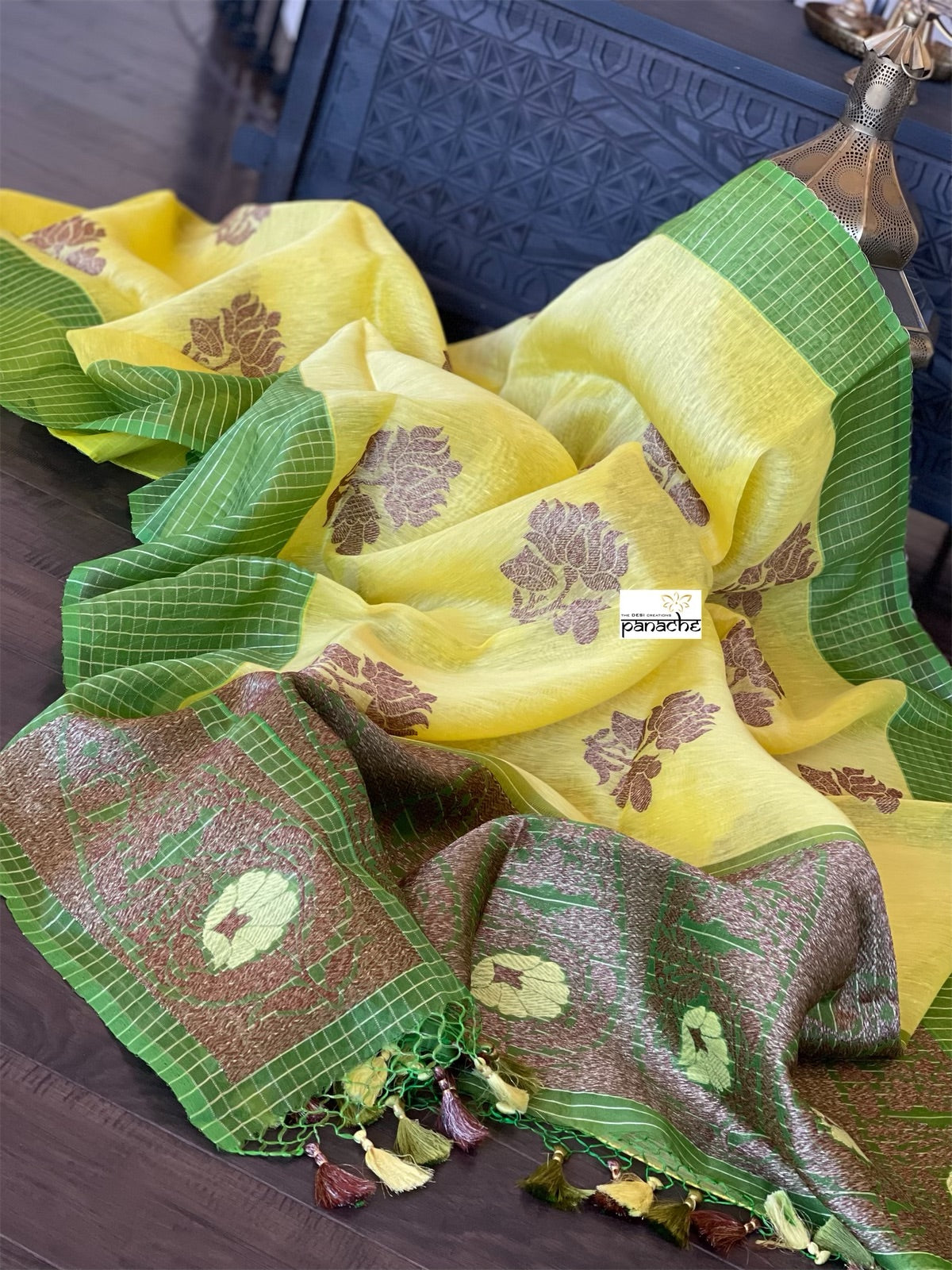Linen Silk Banarasi - Yellow Green Antique Lotus