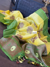Linen Silk Banarasi - Yellow Green Antique Lotus