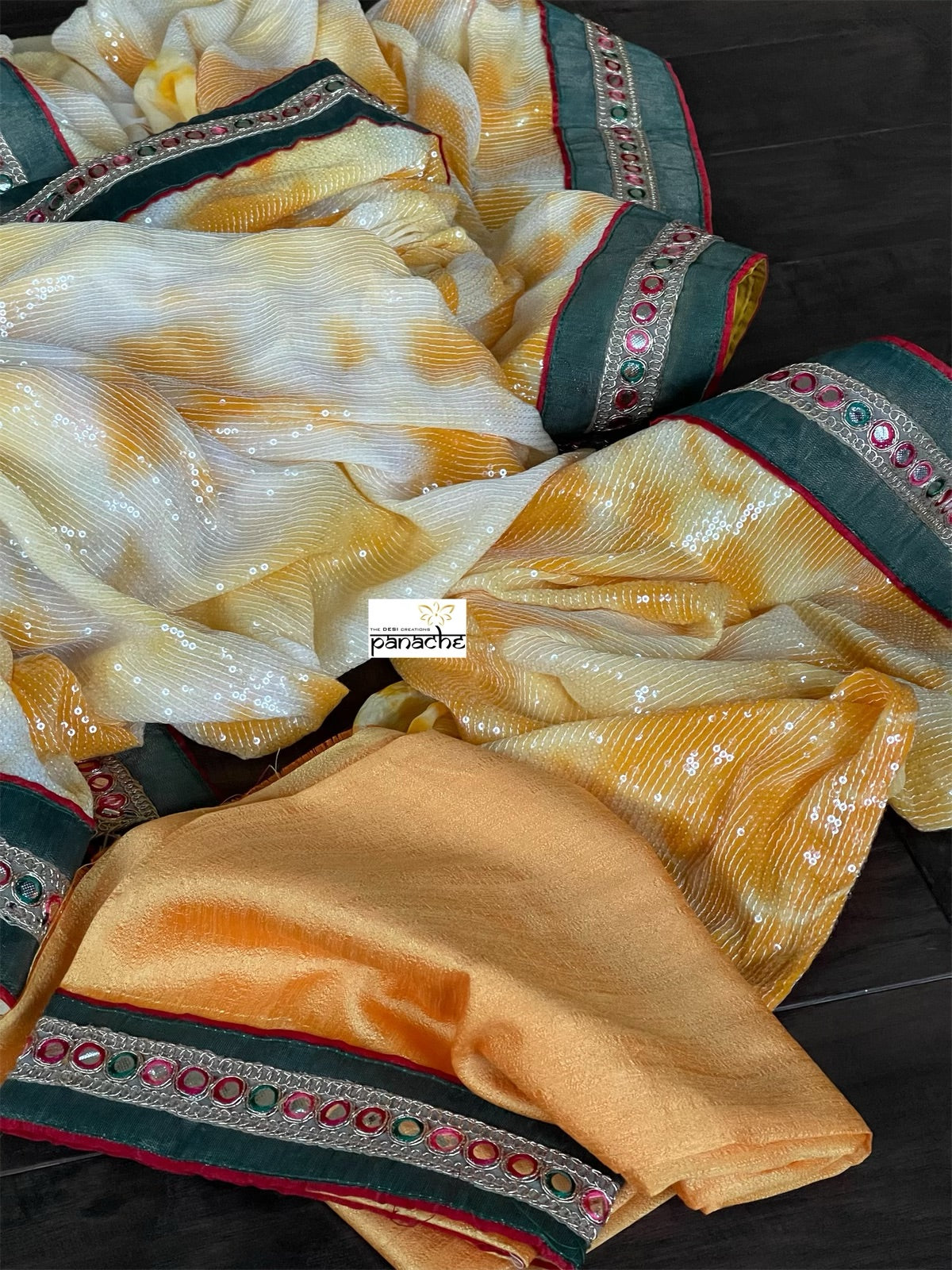 Designer Georgette Sequin Saree - Yellow Orange Tie Dye
