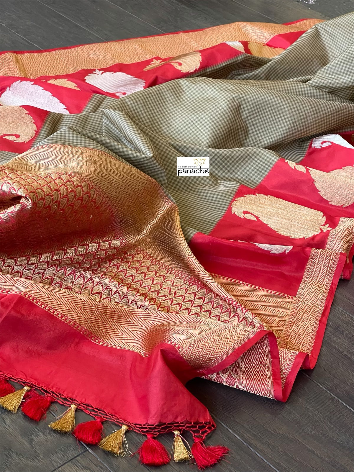 Pure Silk Katan Banarasi - Sage Green Grey Checks Kadwa Paisley