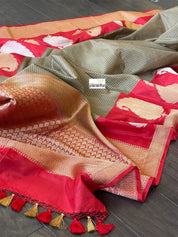 Pure Silk Katan Banarasi - Sage Green Grey Checks Kadwa Paisley