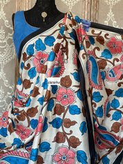 Pure Bishnupur Silk -  Ivory Pink Blue Pen-Kalamkari