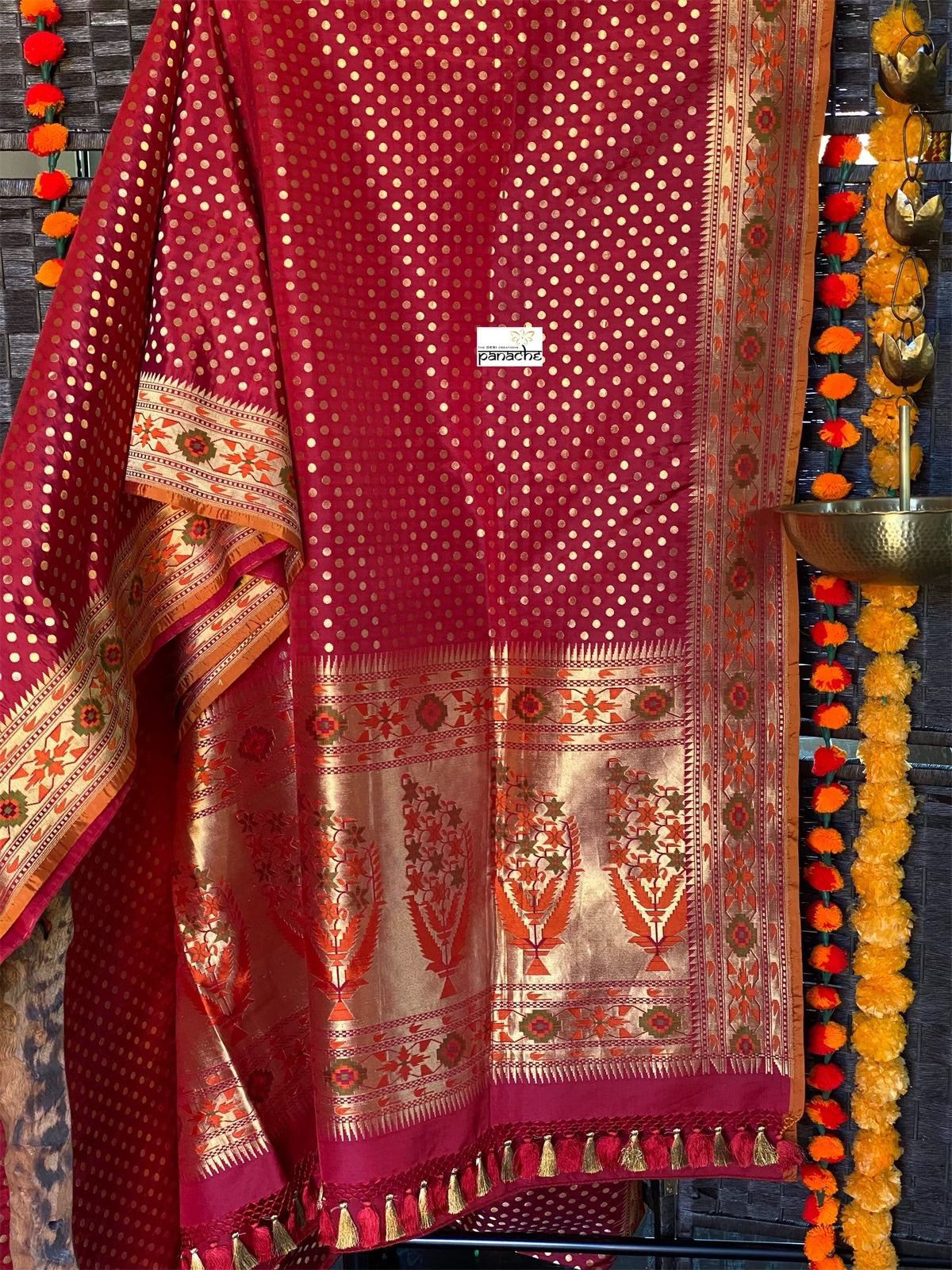 Silk Banarasi - Red Rusty Orange Paithani border