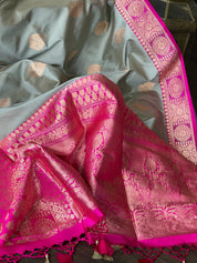 Katan Silk Banarasi - Silver Grey Magenta