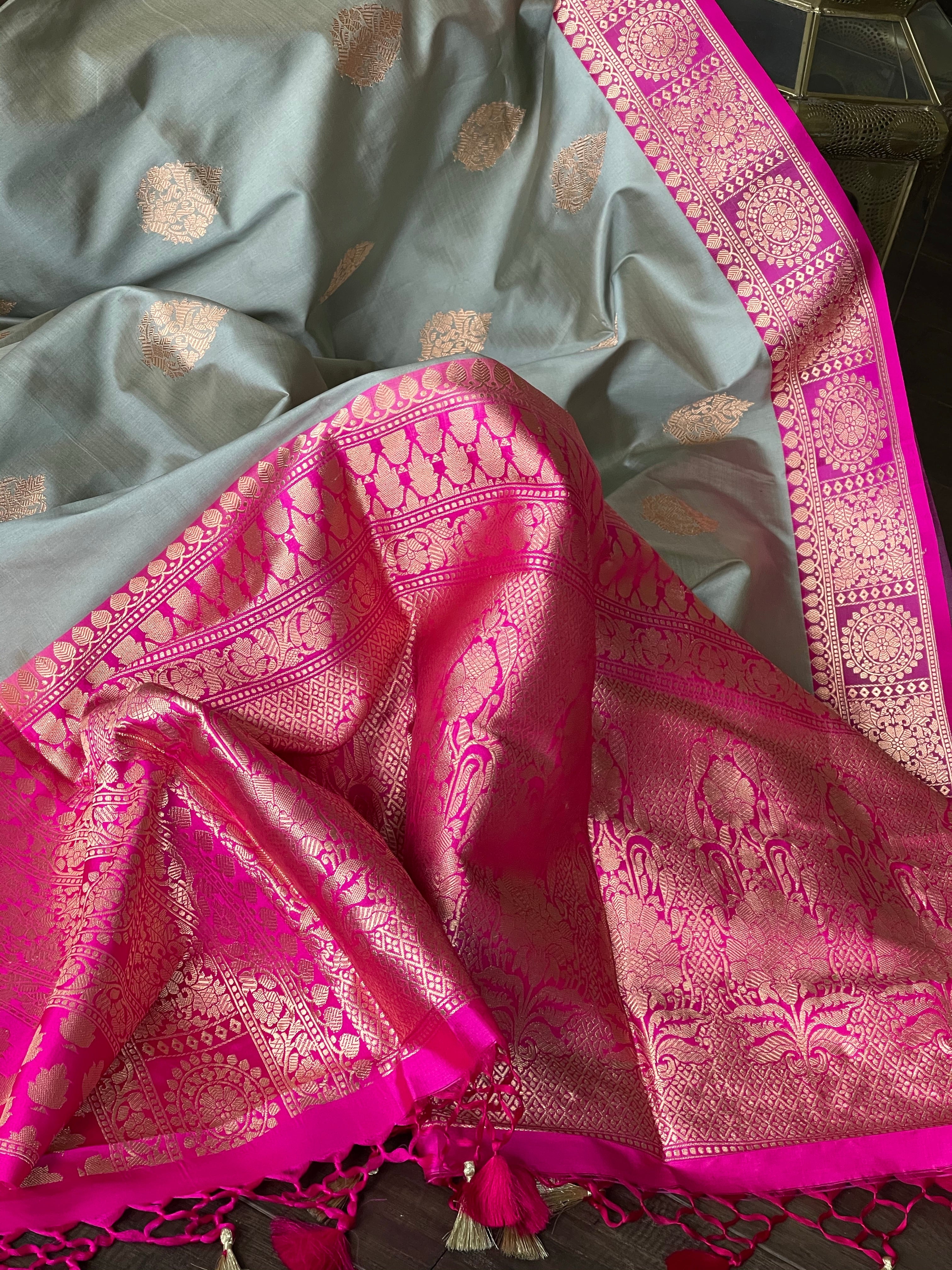 Katan Silk Banarasi - Silver Grey Magenta