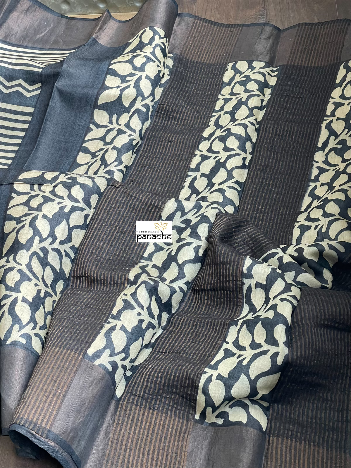 Pure Tussar Silk Printed -  Beige Black