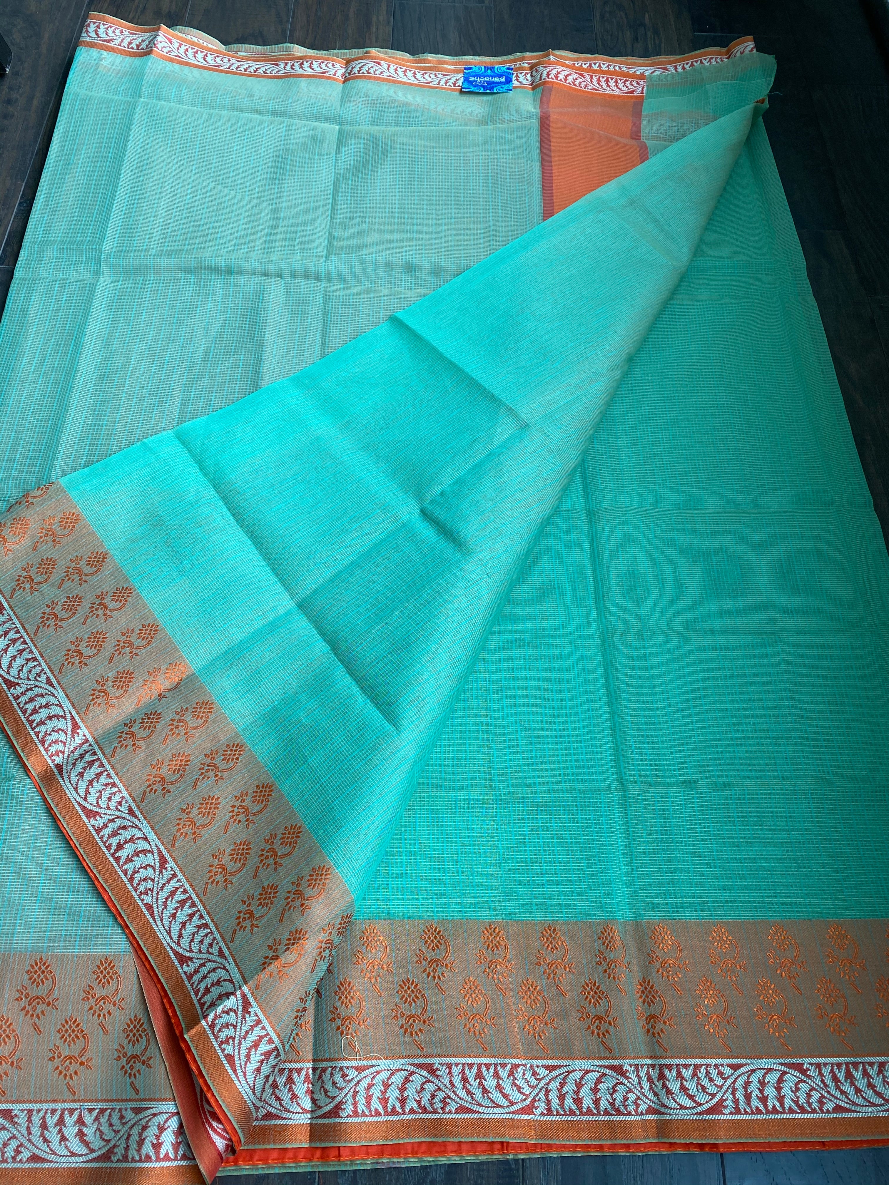 Cotton Silk Banaras Chanderi - Mint Green Orange