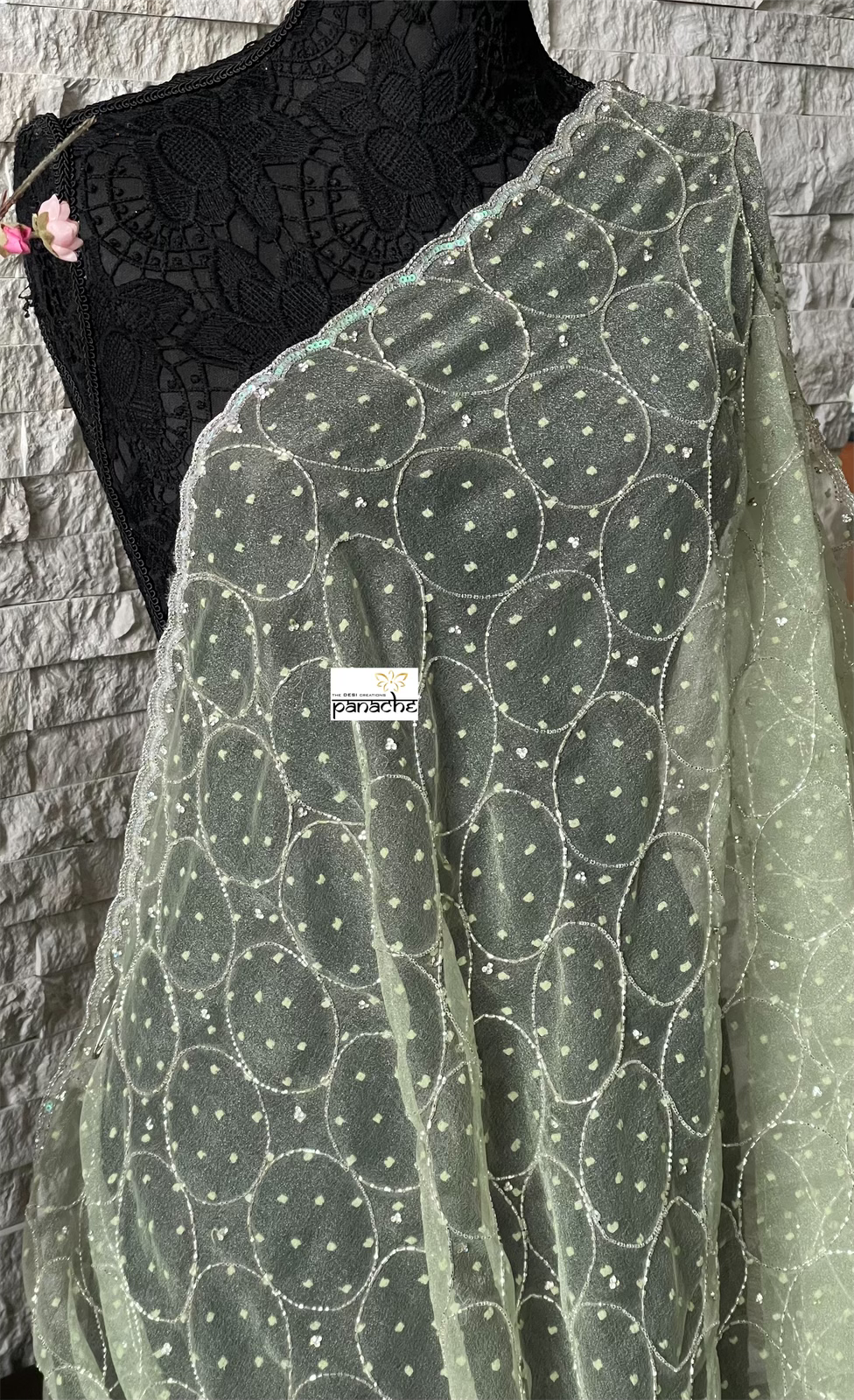 Designer Organza -  Pista Green Hand Embroidered
