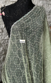 Designer Organza -  Pista Green Hand Embroidered