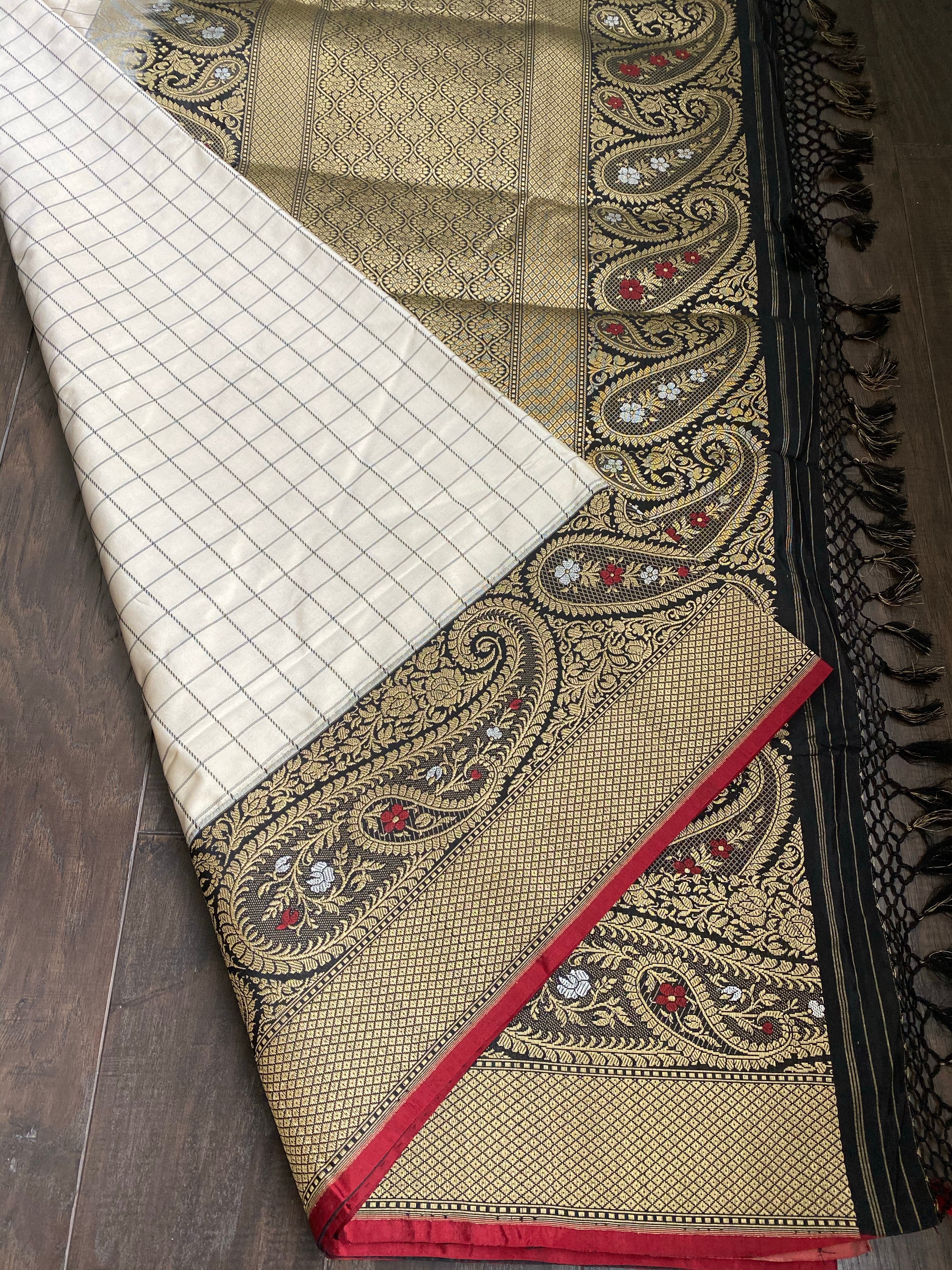 Pure Katan Silk Banarasi - Offwhite Black Checkered Kadwa Woven