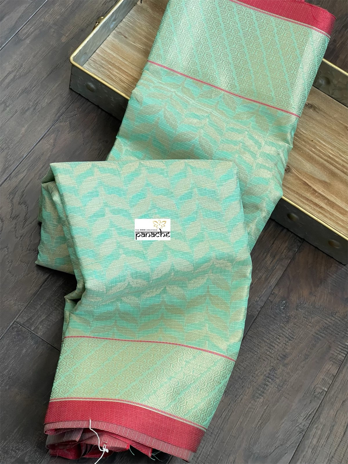 Cotton Silk Banaras Chanderi - Sea-Green Red Woven