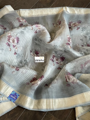 Banarasi Organza Floral - Grey Antique Golden Zari