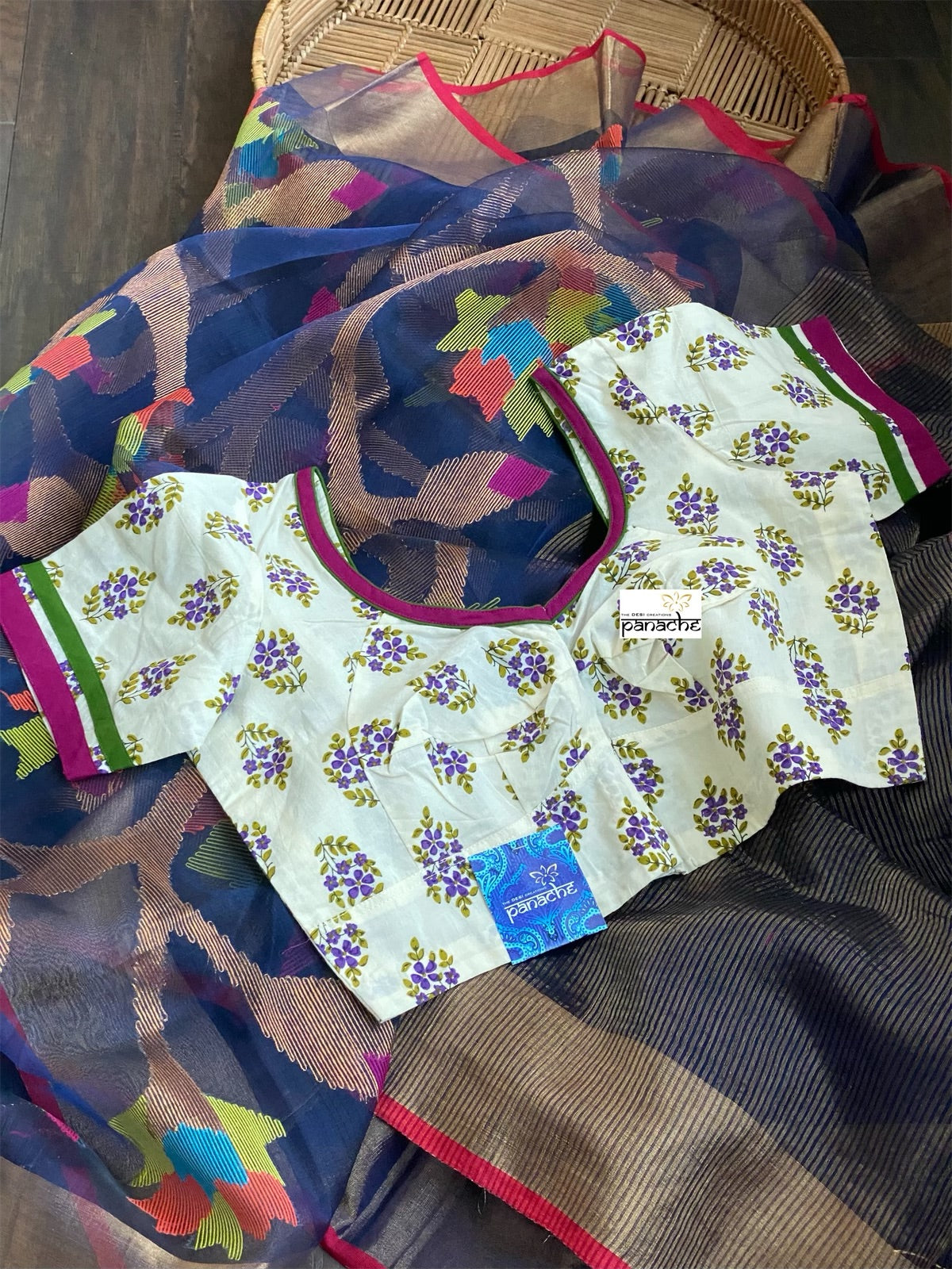 Designer Blouse - Cream Purple Green Floral Design