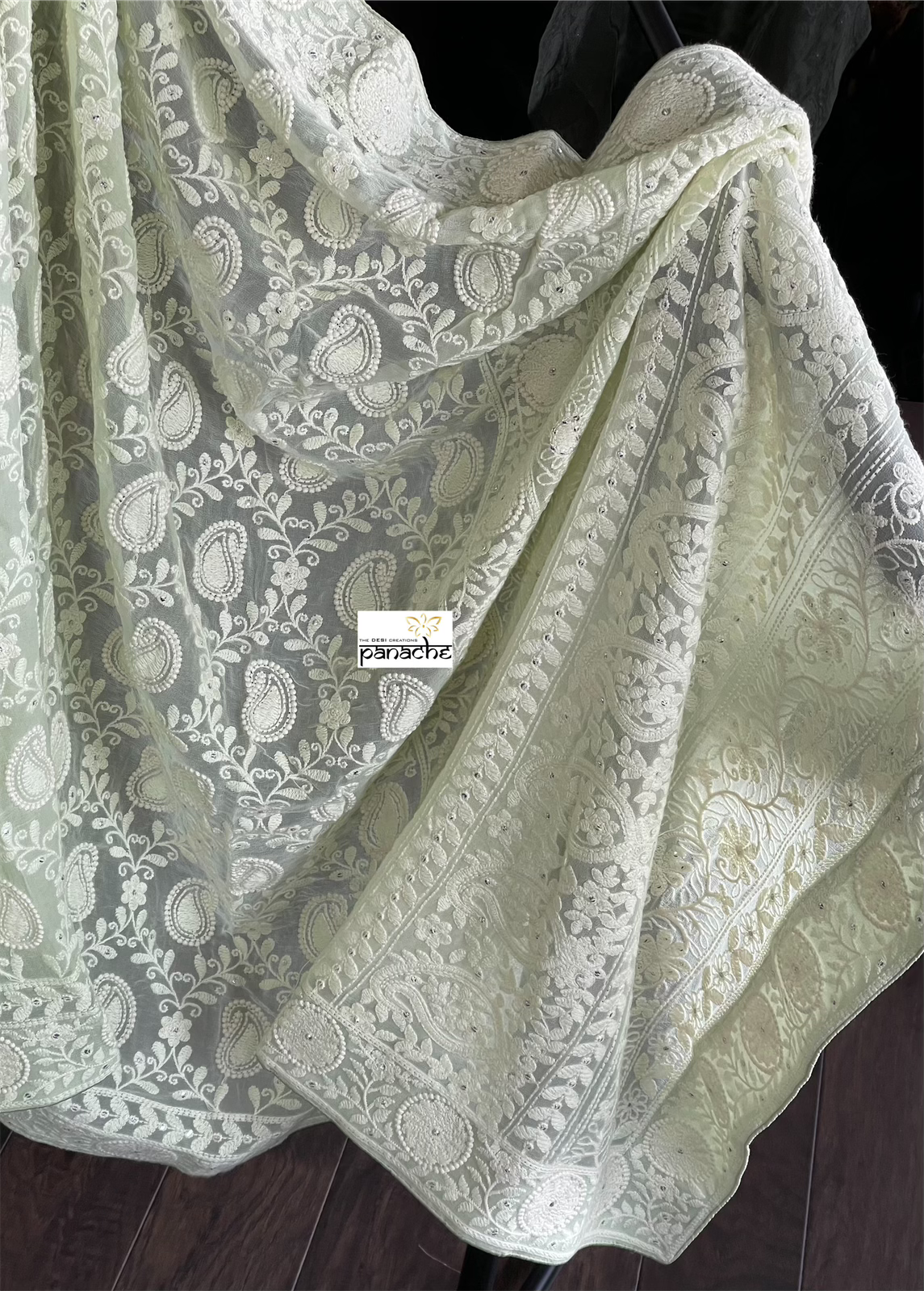 Designer Georgette Chikankari - Light Pista Paisley