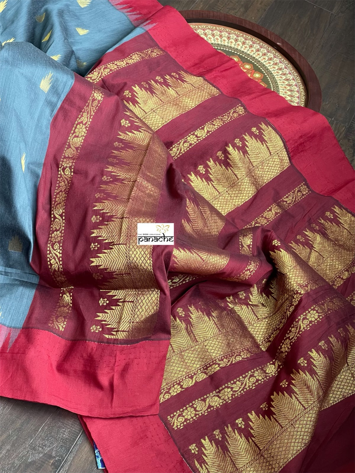 Gadwal Cotton Silk - Grey Maroon