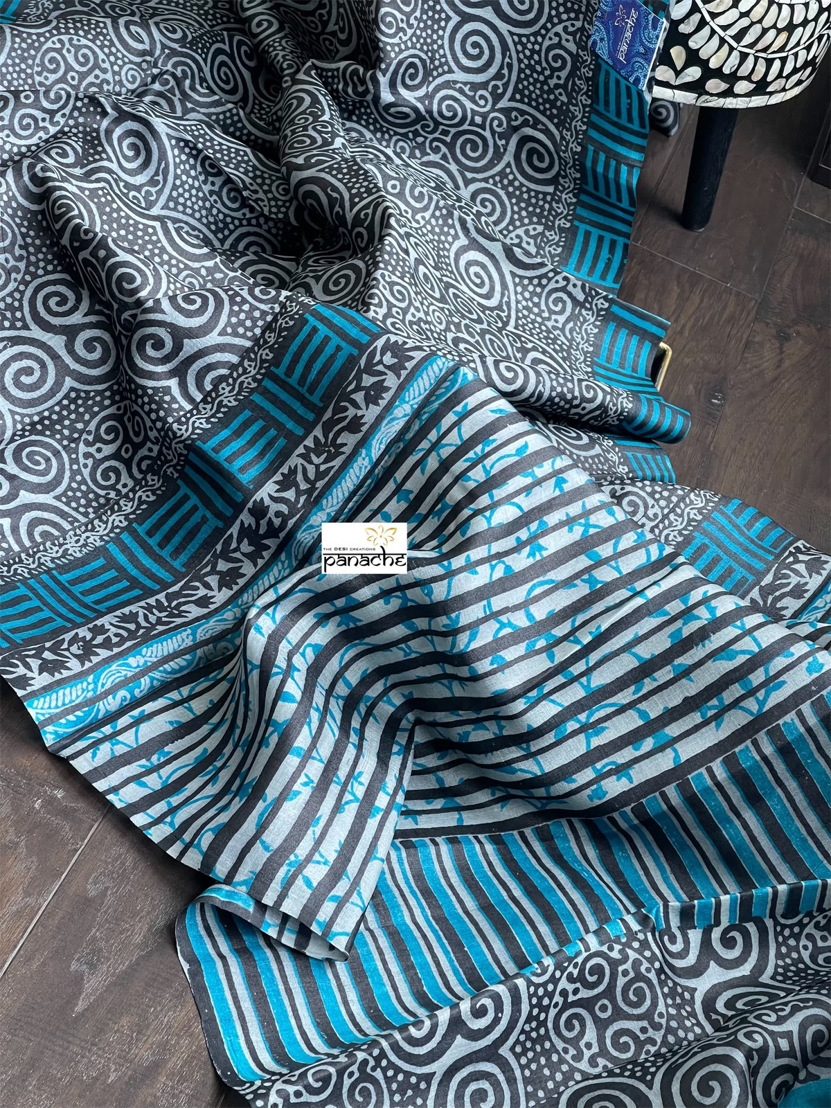 Pure Tussar Silk Printed -  Grey Black Firozi