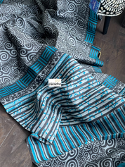 Pure Tussar Silk Printed -  Grey Black Firozi