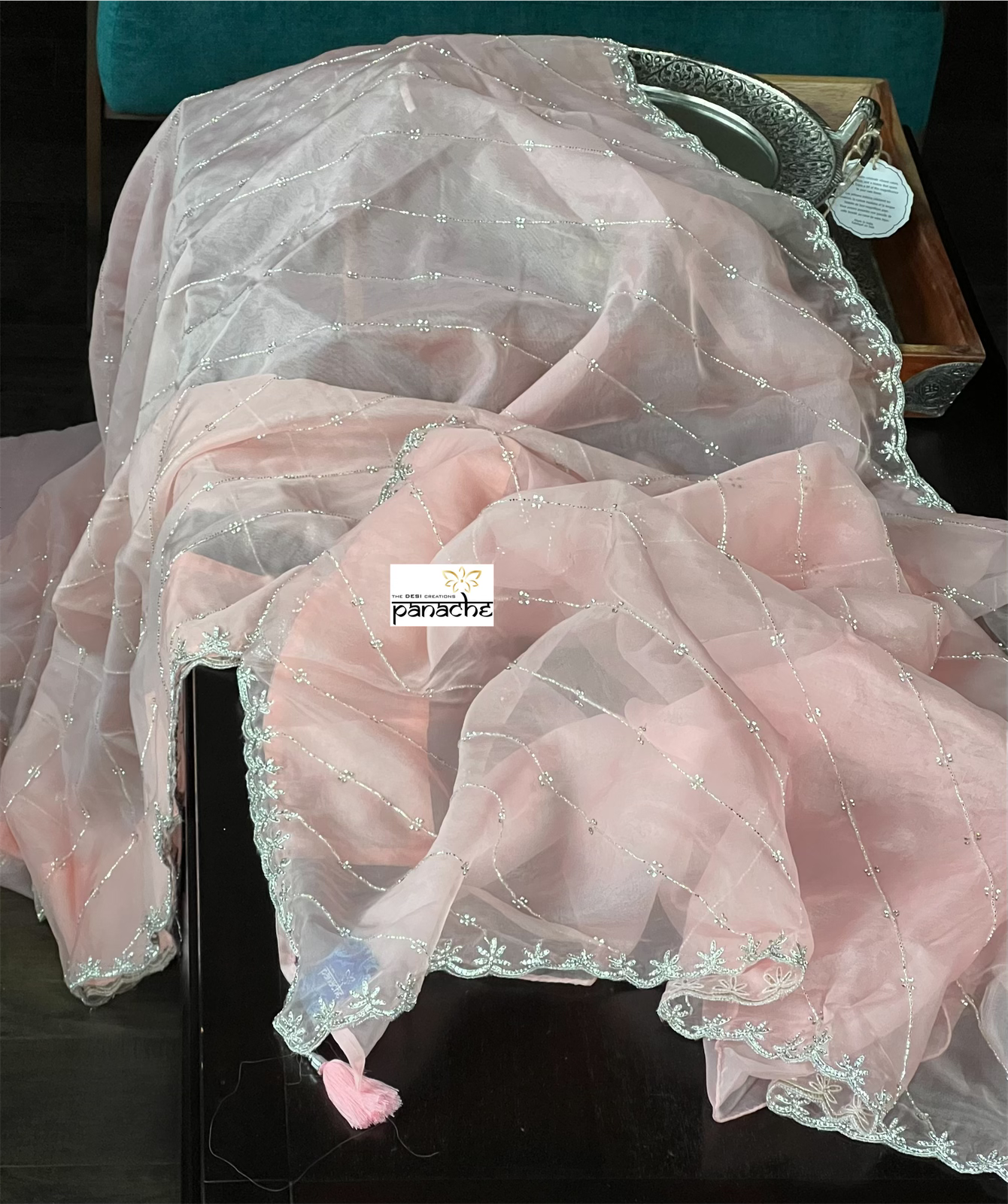 Designer Organza - Light Peach Pink Leheriya
