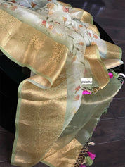 Banarasi Organza Floral - Light Green Golden Border