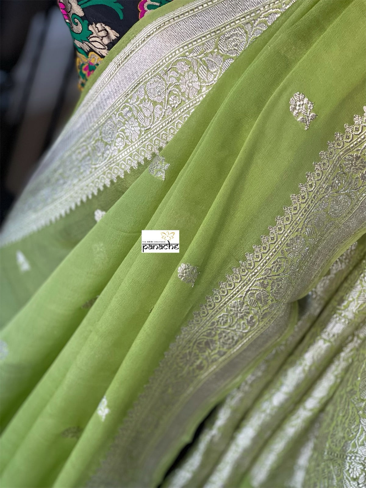 Chiffon Georgette Banarasi - Lime Green Khadhua Woven