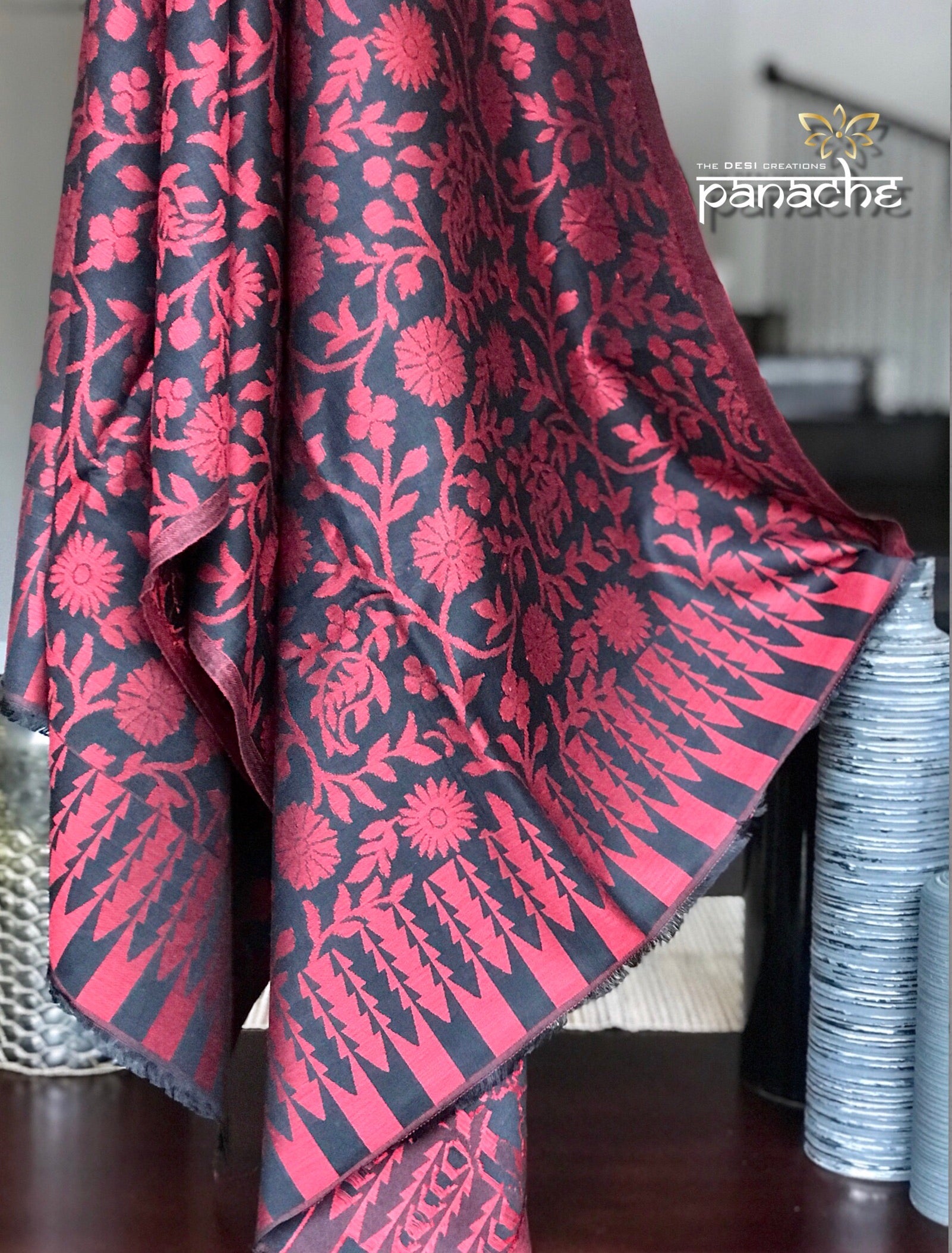 Semi Pashmina Stole - Black Maroon