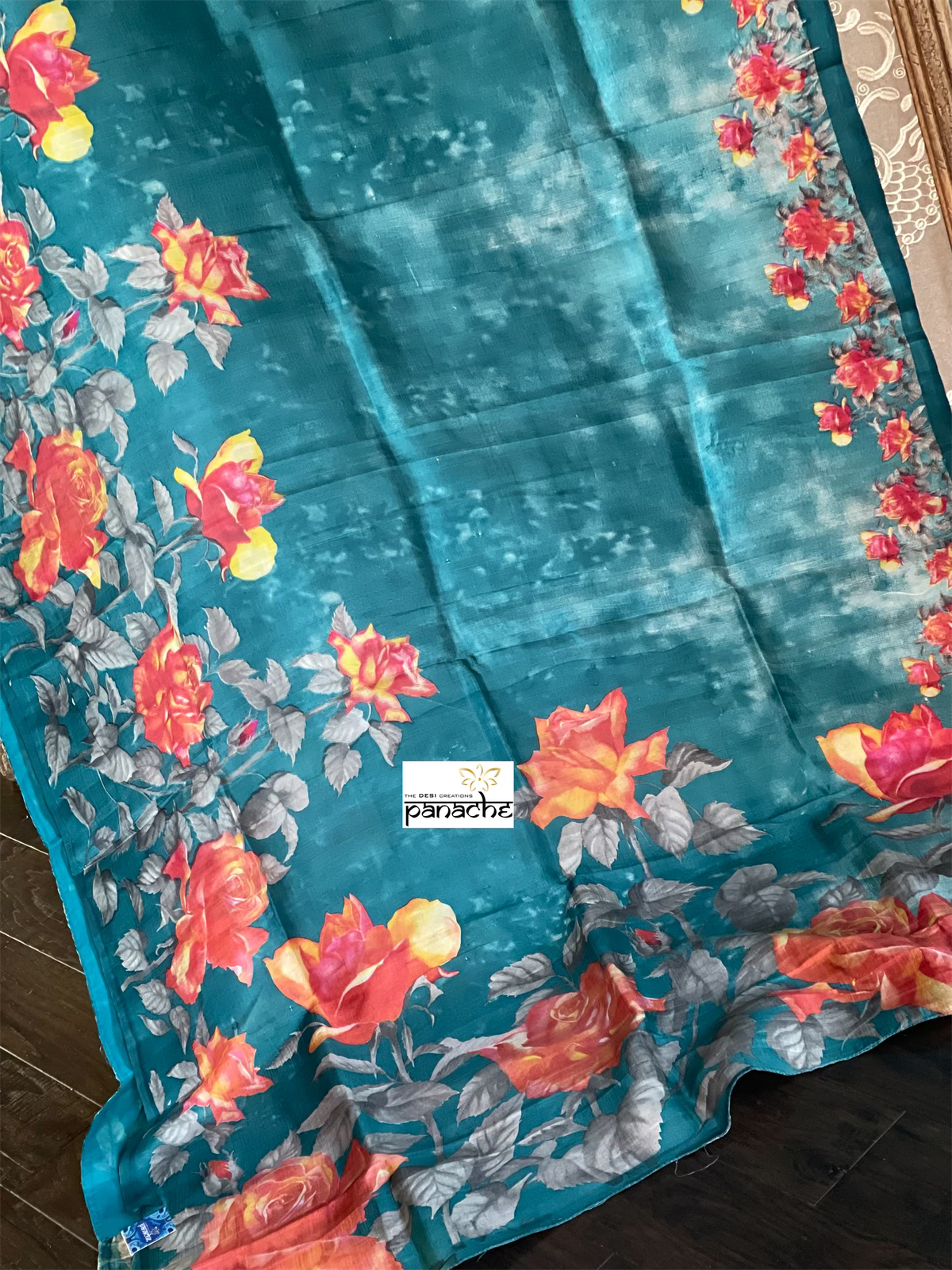 Pure Tussar Silk - Teal Blue Digital Printed