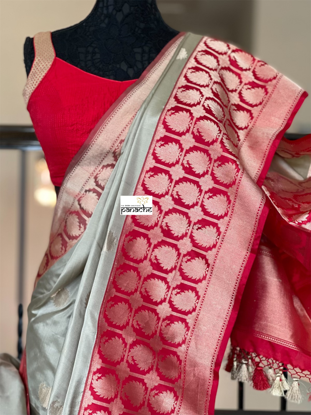 Pure Katan Silk Banarasi - Grey Red