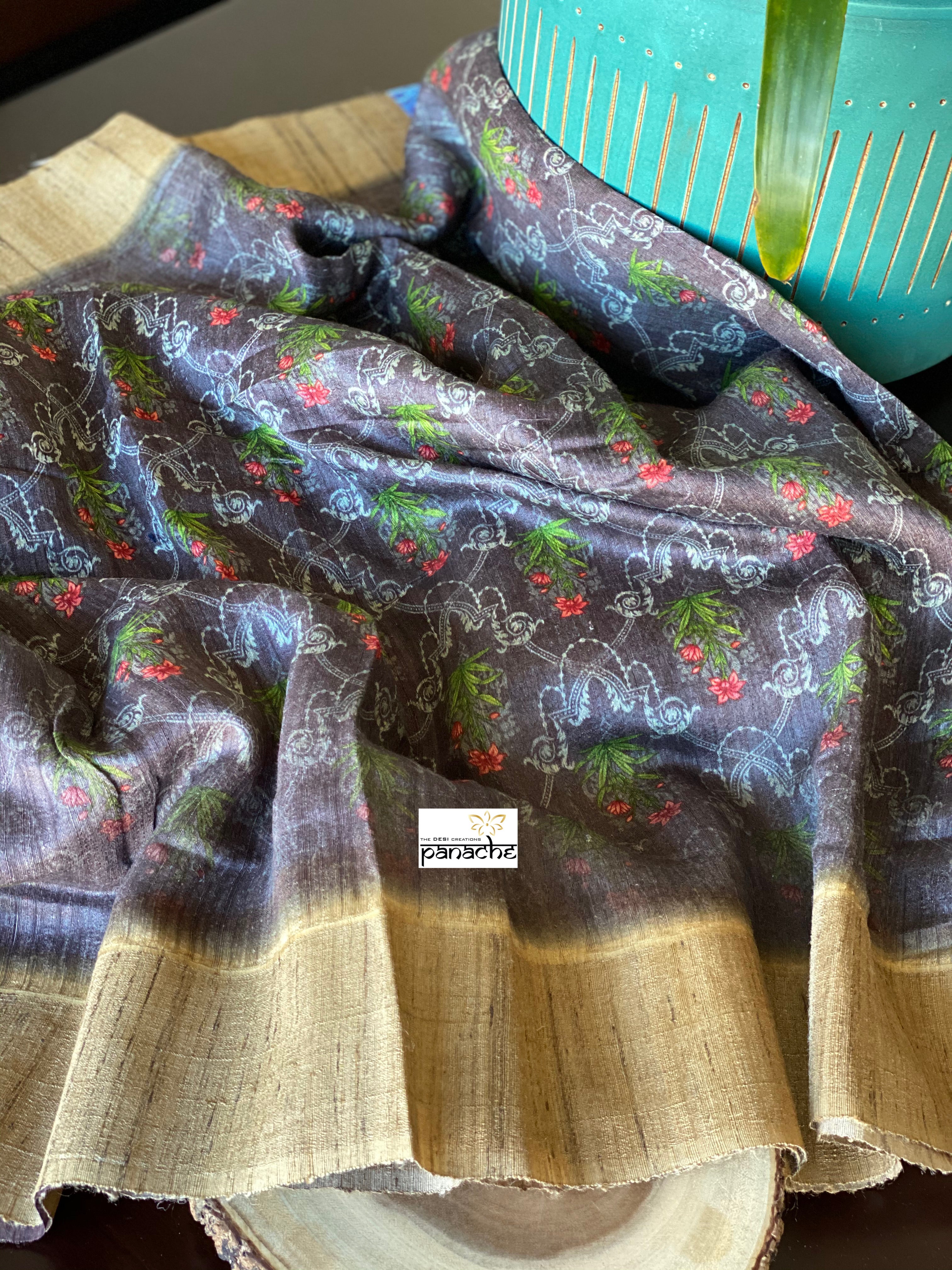 Pure Gicha Tussar Silk - Mauve  Brown Digital Printed
