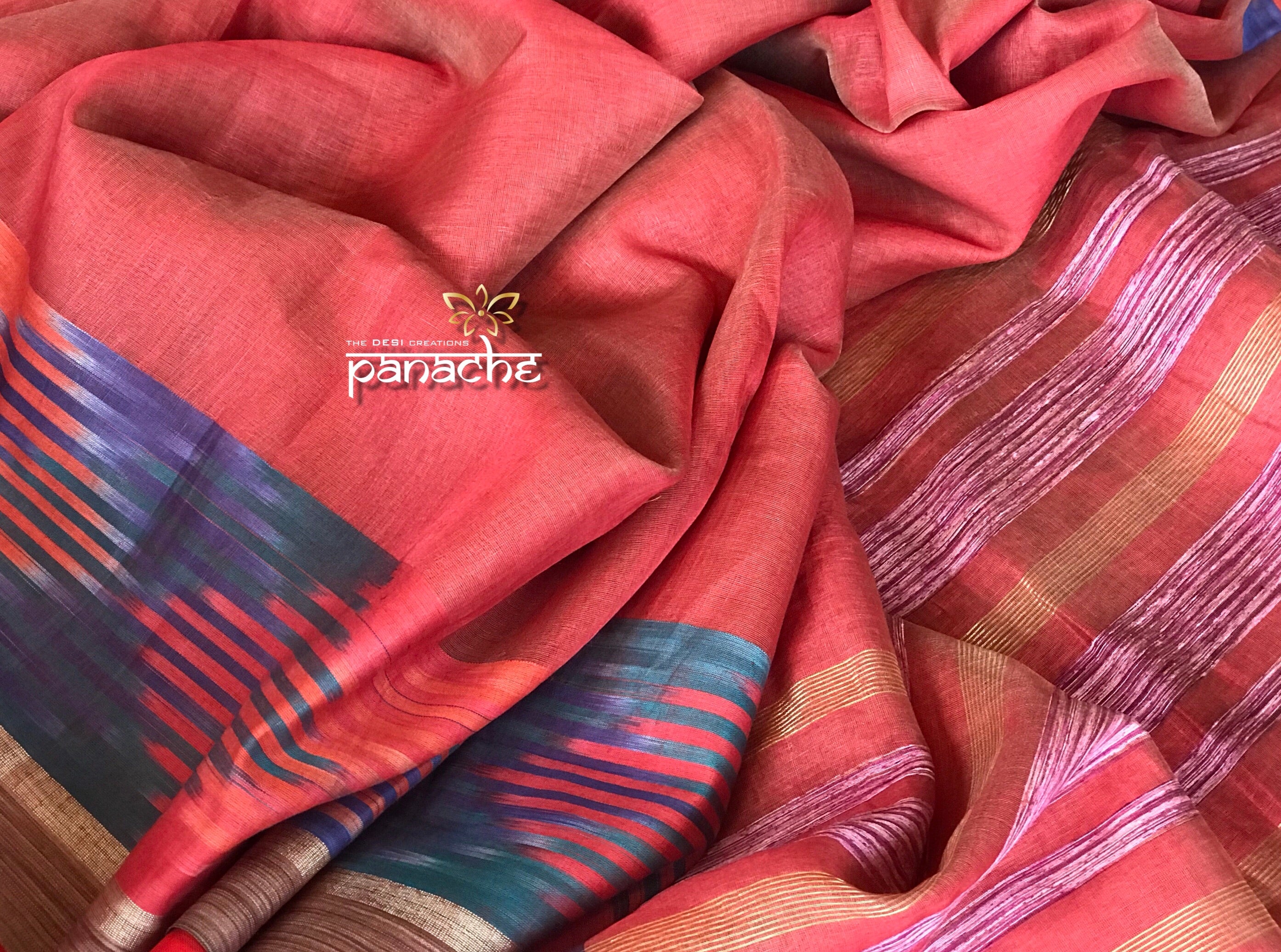 Silk Linen - Tomato Red Ikat Border