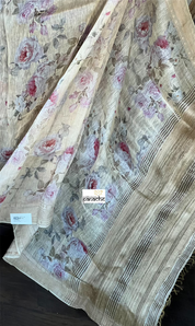 Floral Linen Silk Banarasi - Light Wheat Digital Printed
