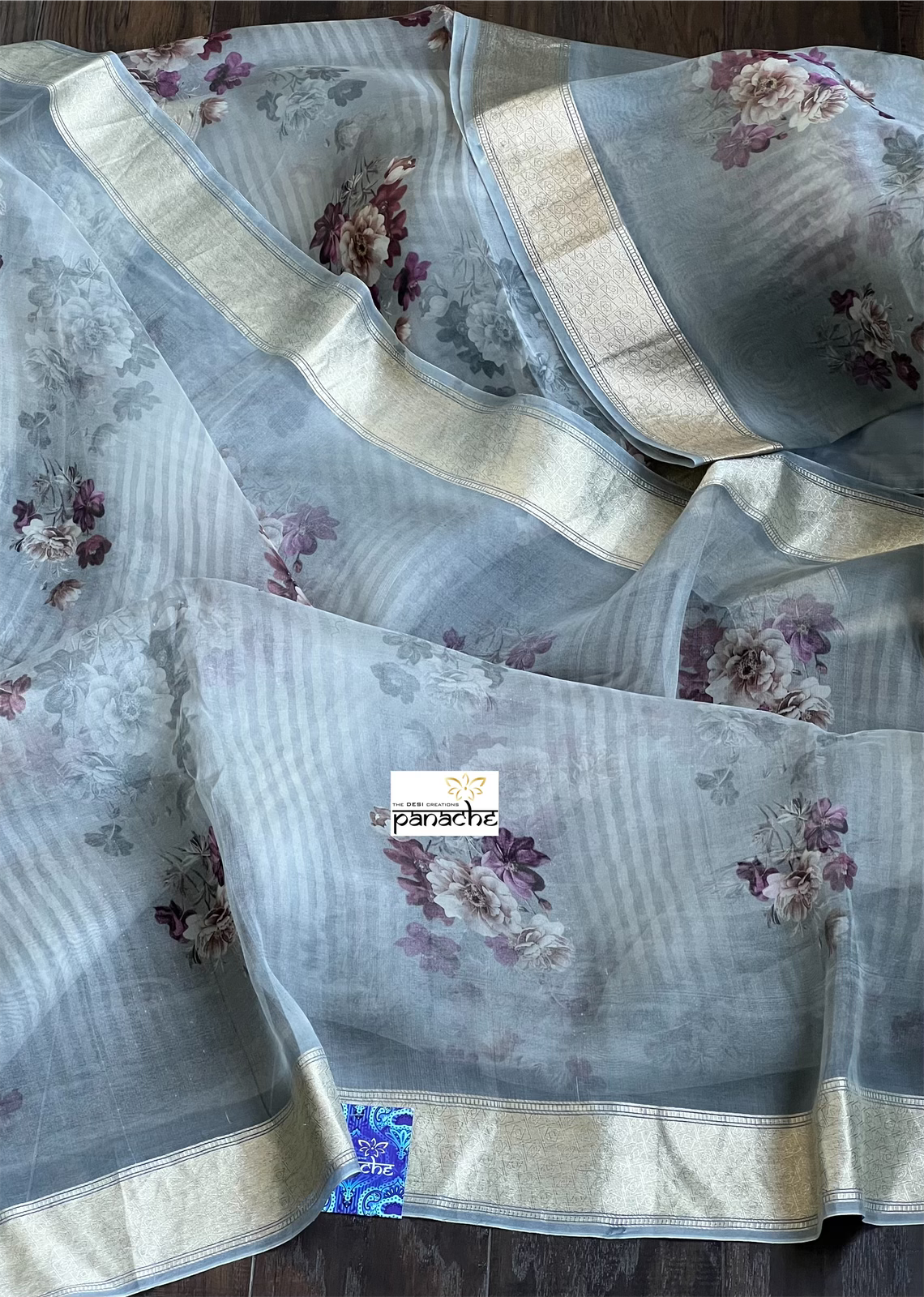 Banarasi Organza Floral - Grey Antique Golden Zari