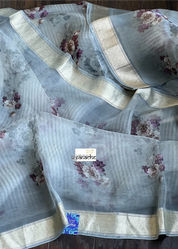Banarasi Organza Floral - Grey Antique Golden Zari