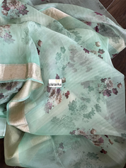 Banarasi Organza Floral - Mint Antique Golden Zari