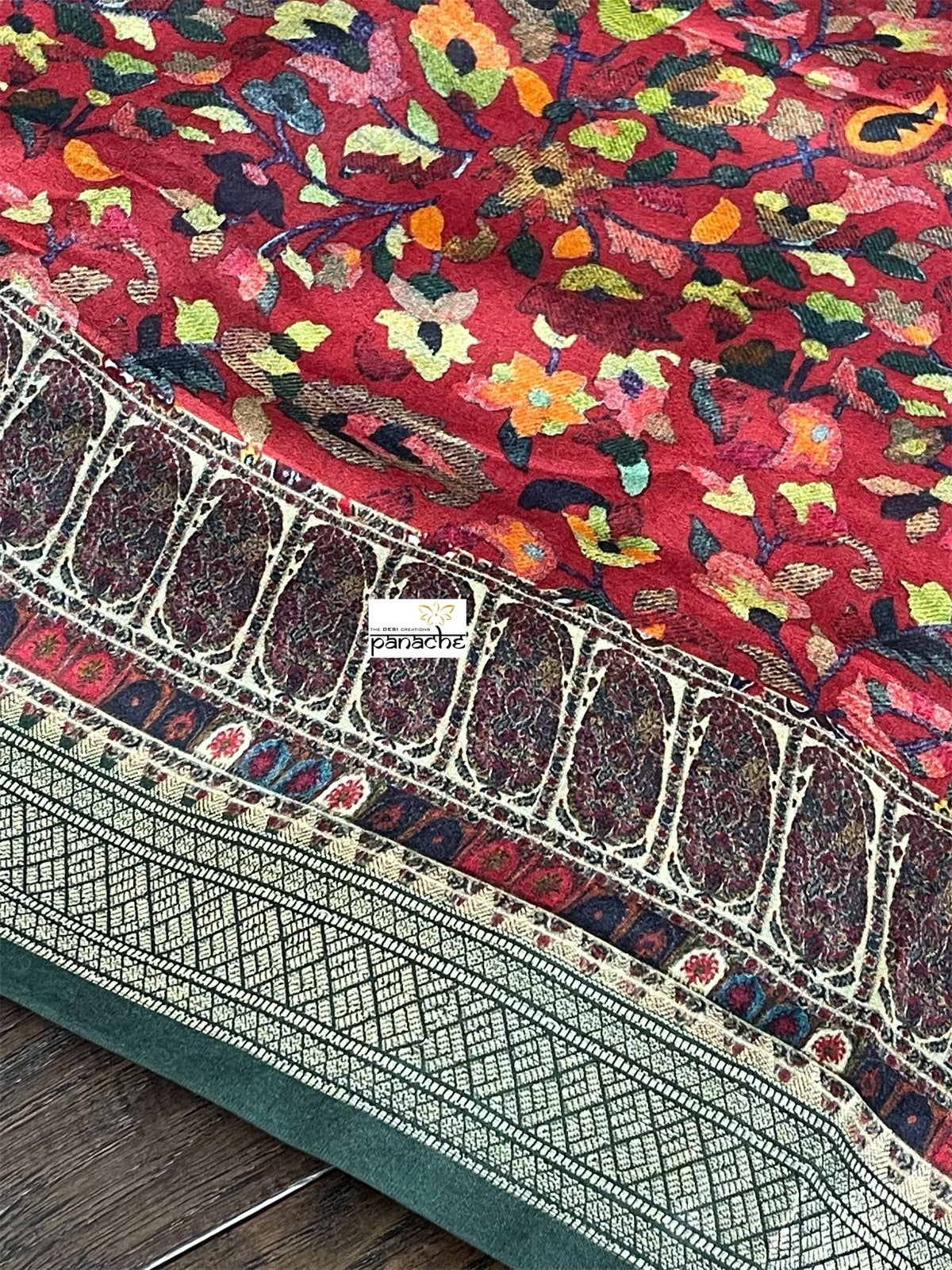 Chiniya Silk Banarasi - Maroon Red Pashmina Printed