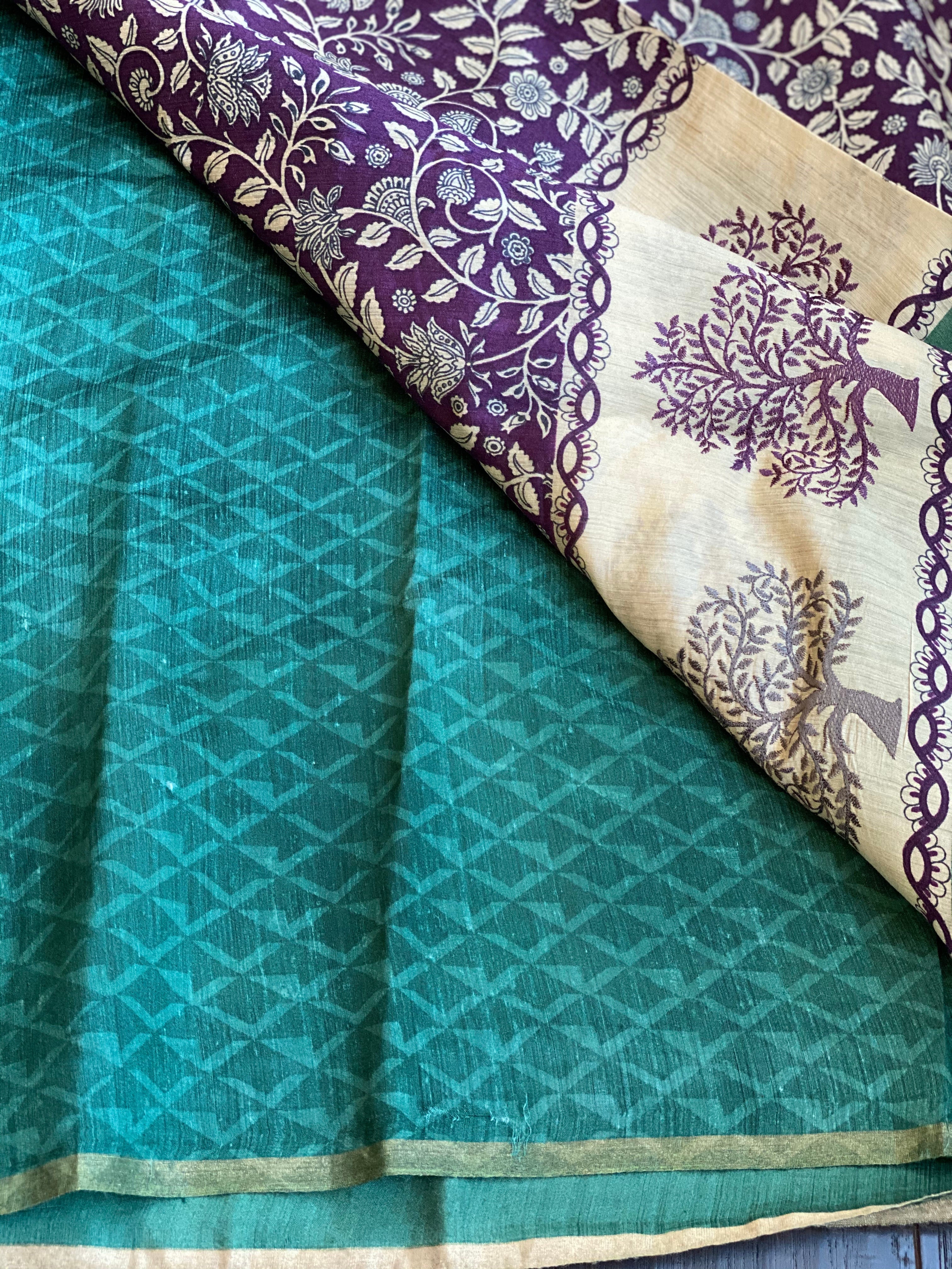 Kalamkari Printed Muga Silk - Purple Teal Embroidered