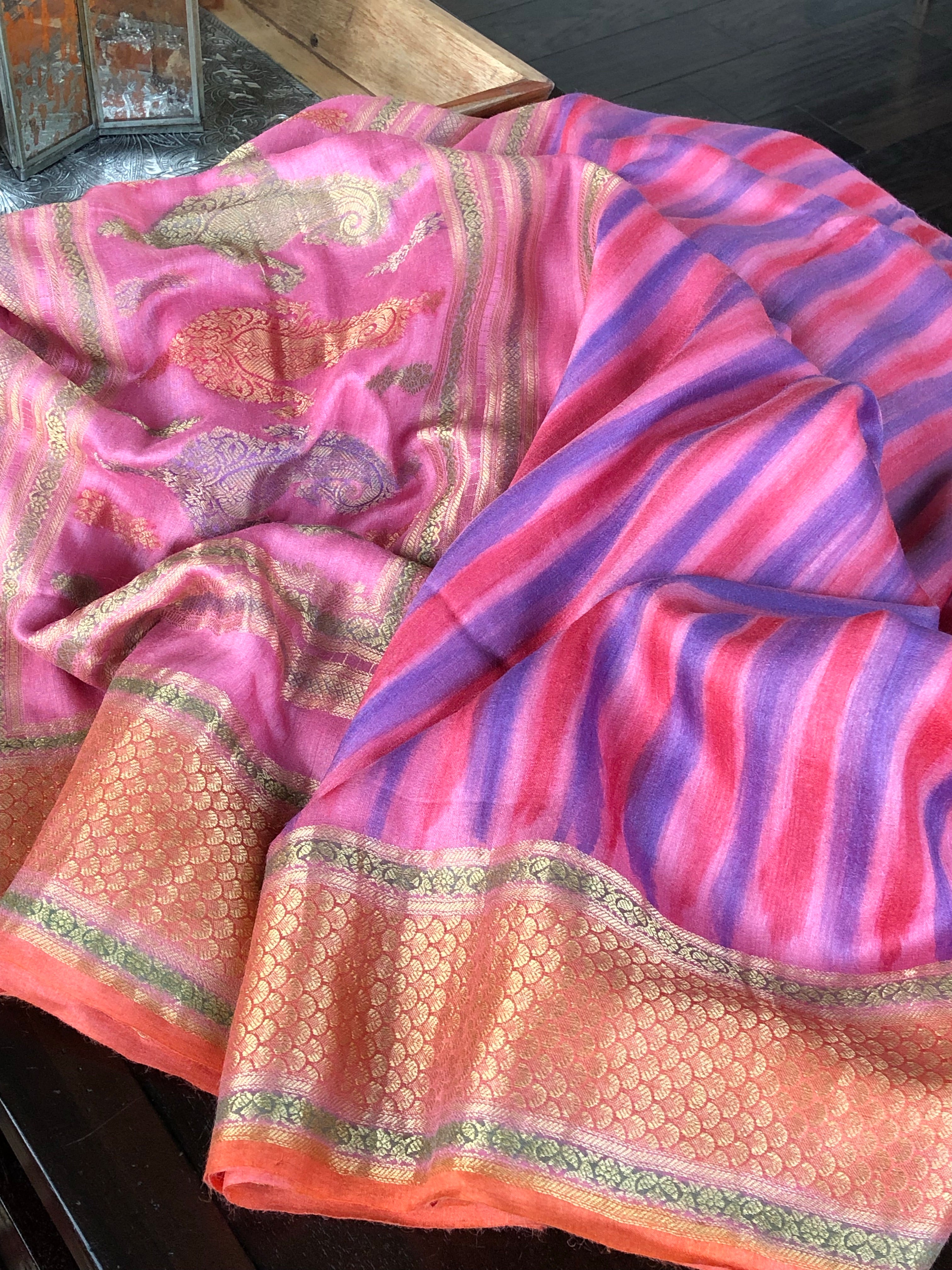 Muga Silk Banarasi - Pink Purplish Blue Tie Dye