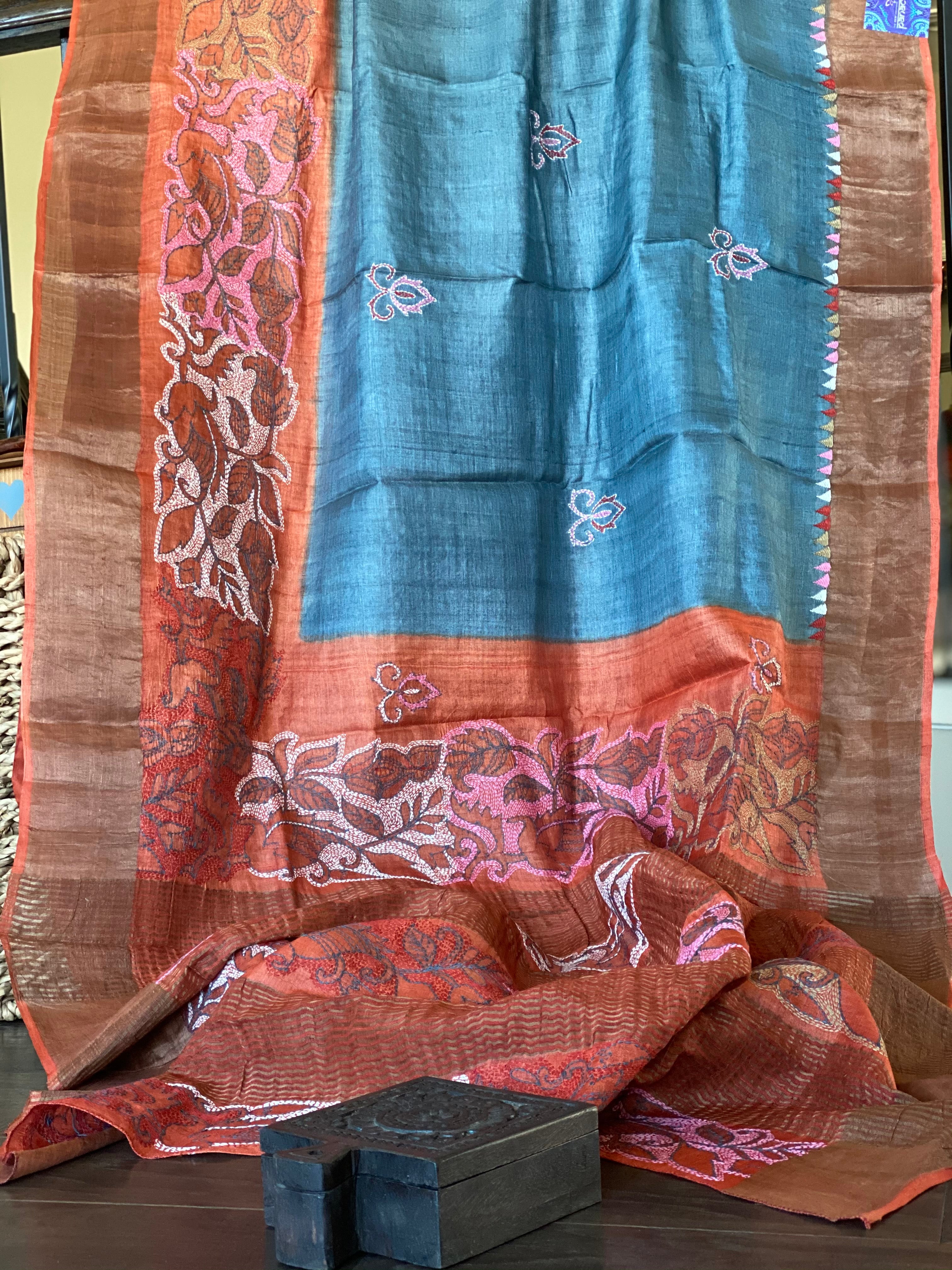 Pure Tussar Silk Kantha Stitch - Grey Rust