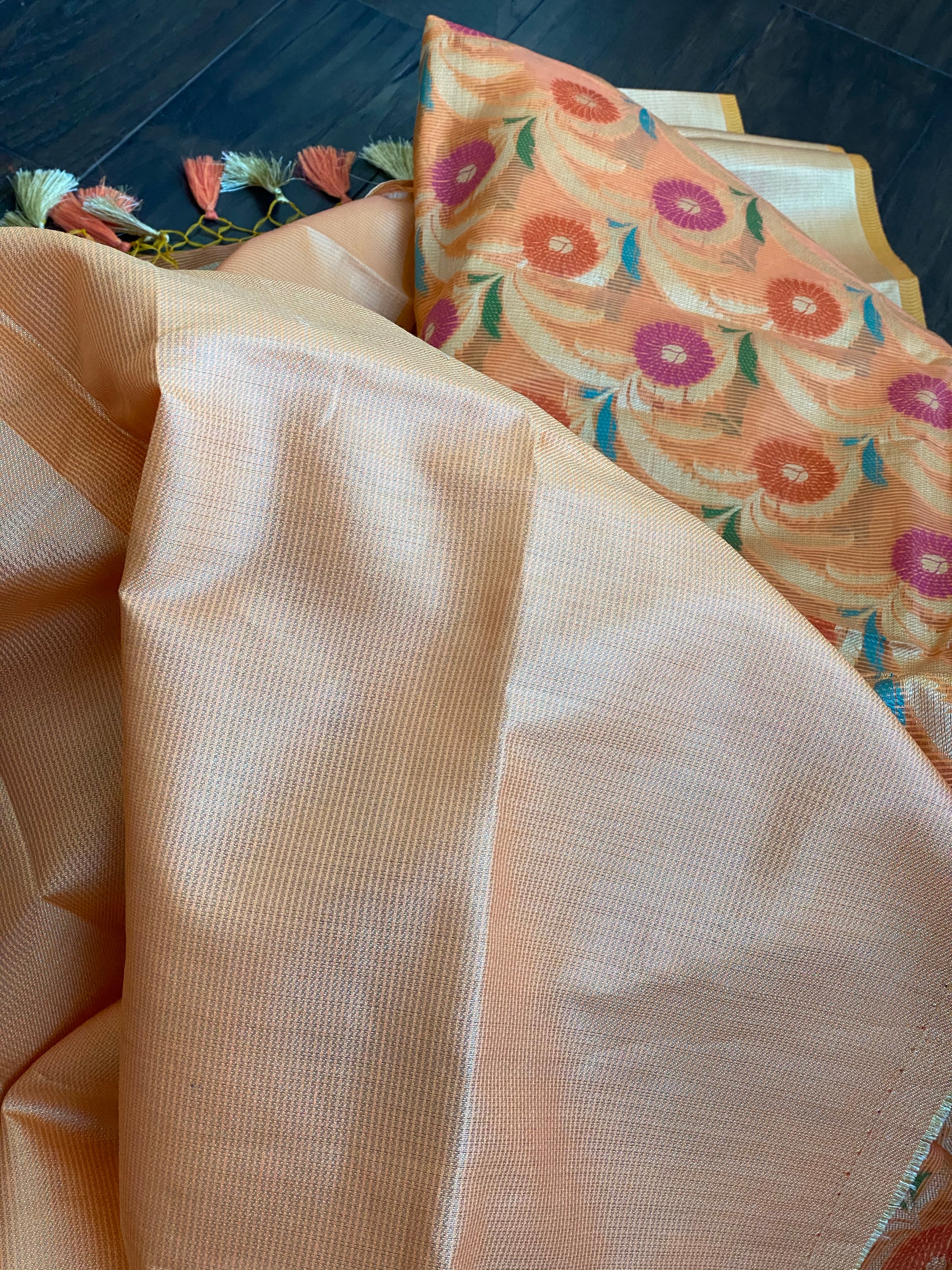 Kora Cotton Silk Saree - Tangerine Meenakari