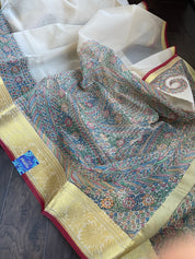 Kora Silk Banaras - Beige Madhubani Printed