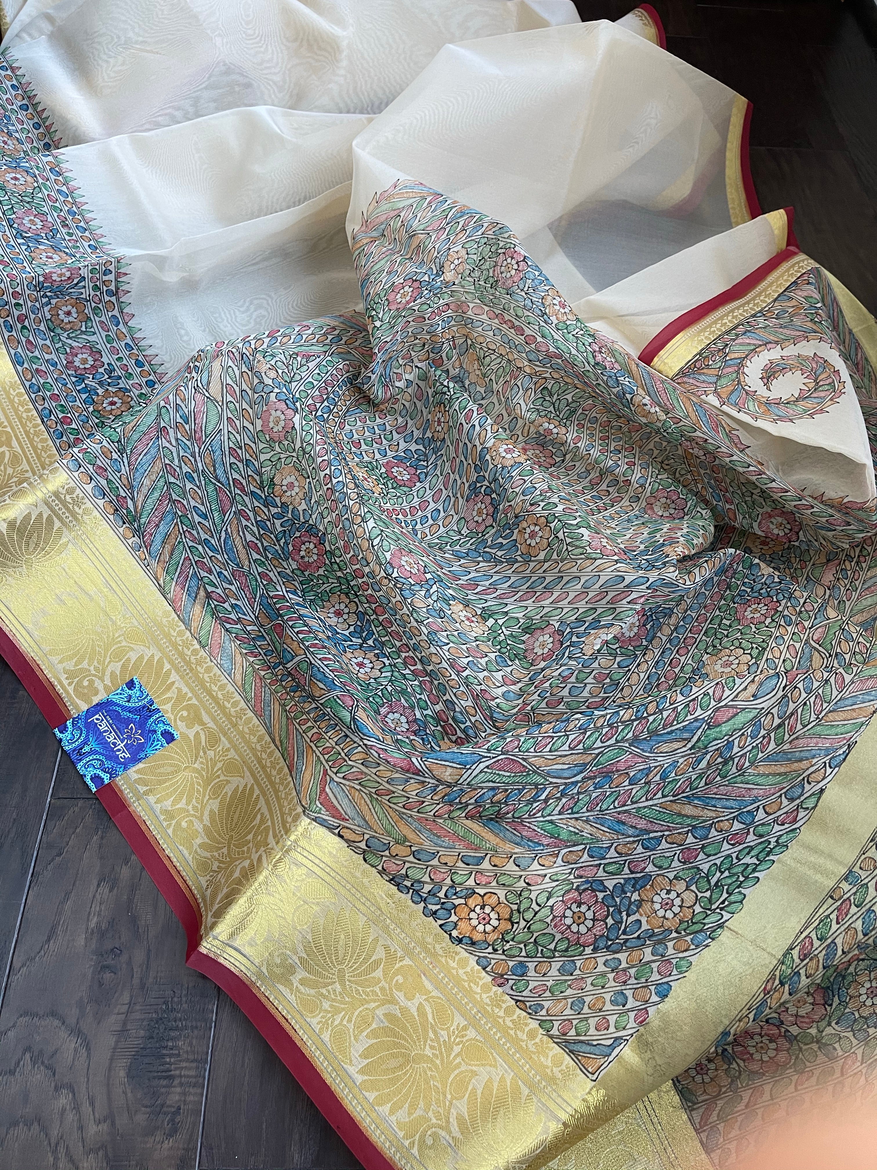 Kora Silk Banaras - Beige Madhubani Printed