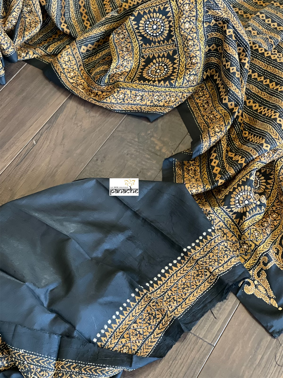 Pure Bangalore Silk Kantha Stitch -  Black Multi Color