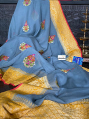 Pure Khaddi Georgette Banarasi - Grey Yellow Kadwa Paisley Meenakari