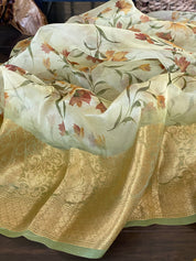 Banarasi Organza Floral - Light Green Golden Border