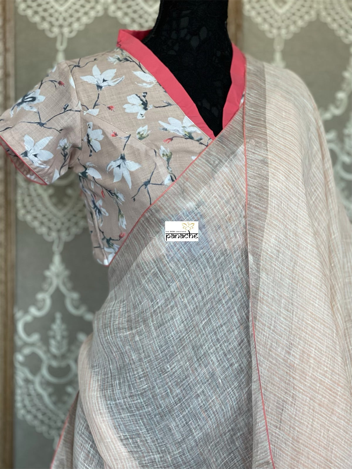 Designer Blouse - Peach Pink Floral Design