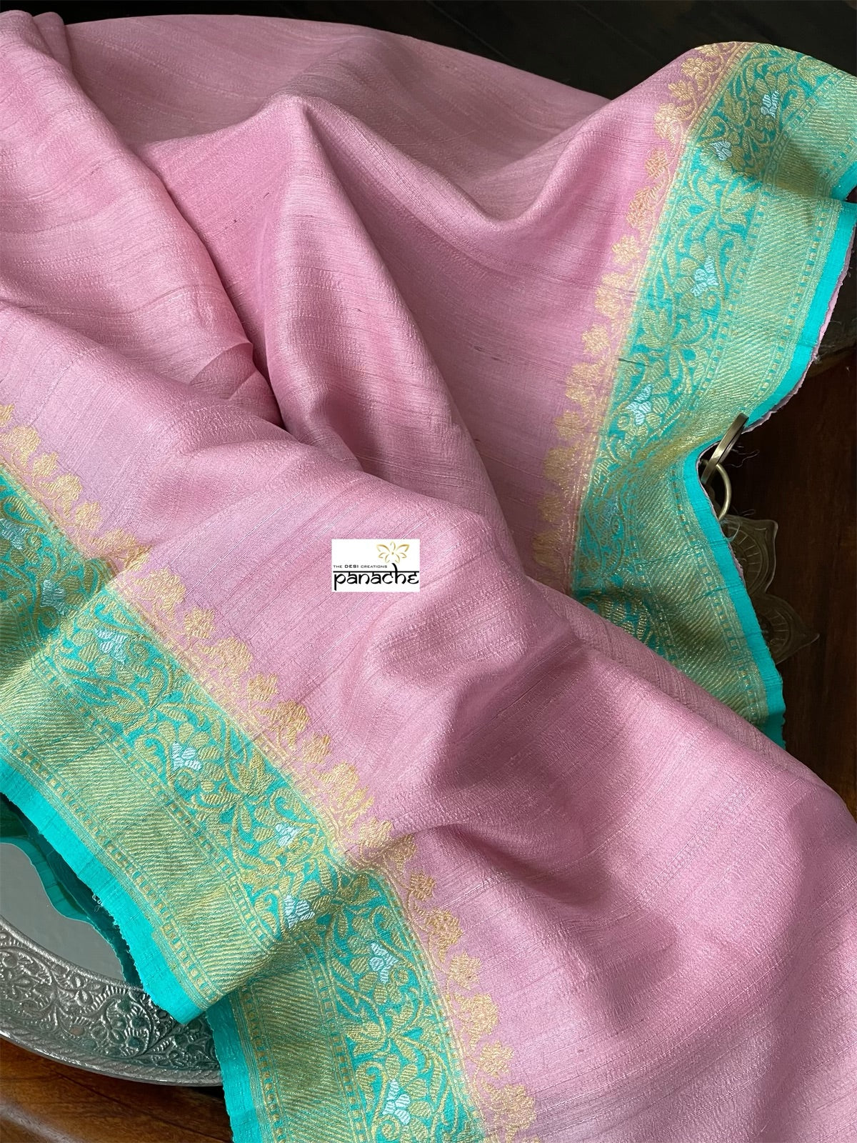 Tussar Georgette Banarasi- Pink Sea Green