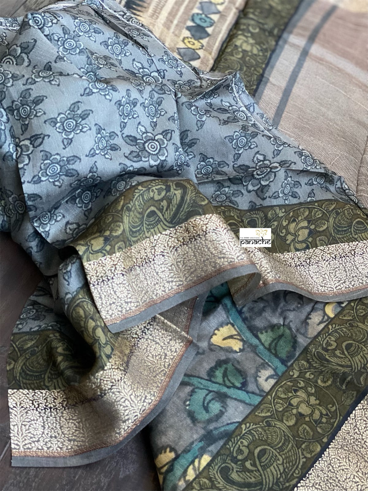 Muga Silk Kalamkari Banarasi- Grey