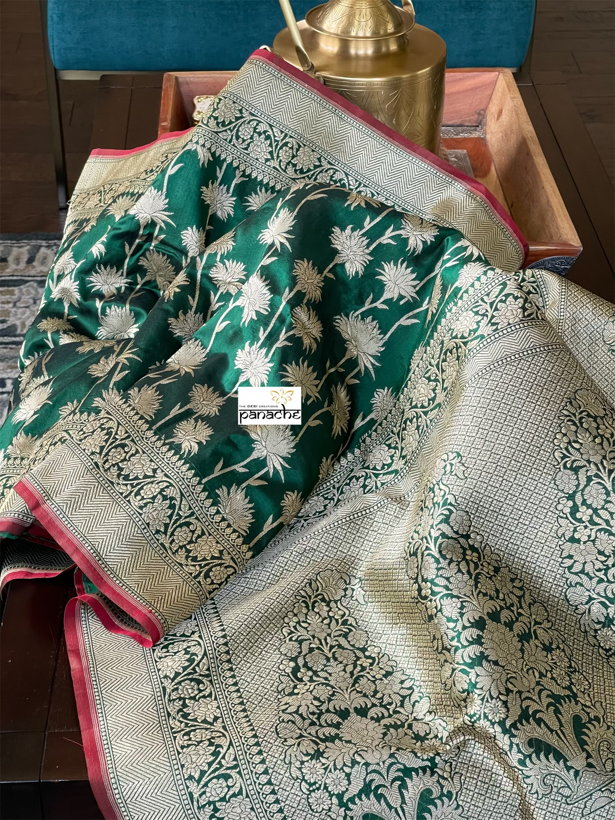 Pure Silk Banarasi - Green Red Antique Golden Zari